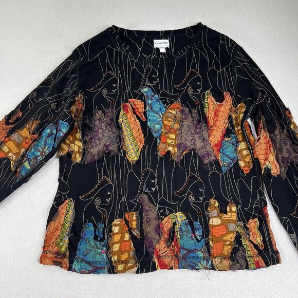 Chico’s Shirt Women's L T-shirt Black Wearable Art Colorful Long Sleeve Pullover - Picture 8 of 17